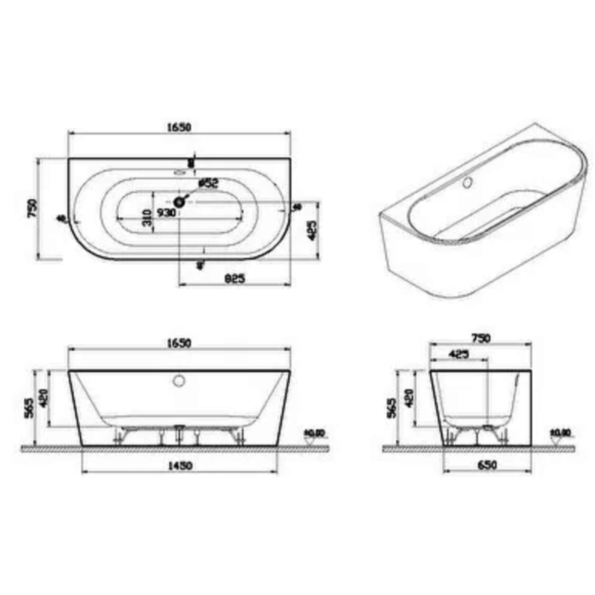Baignoire semi ilôt murale tout inclus VITRA Geo 165x75 avec trop plein caché