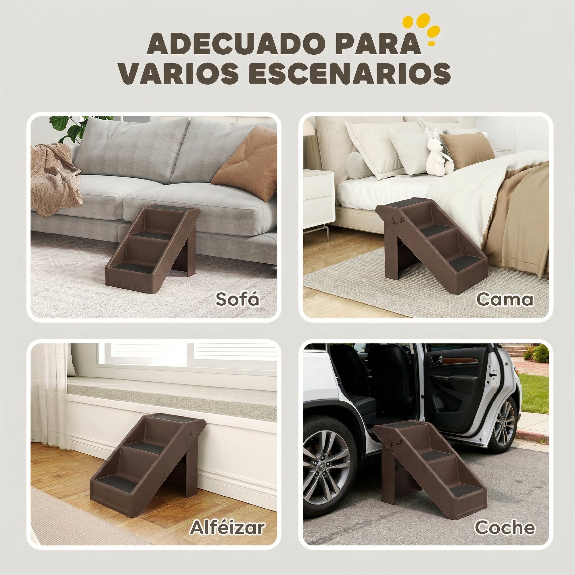 Escalera para Perros Plegable de 3 Peldaños, Portátil, Escalera para Mascotas Mayores, Perros Pequeños, Gatos, para Cama, Sofá, 53x30,5x36,5 cm, Marrón