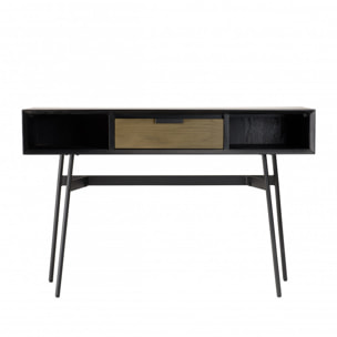 ALMA - Console noire 130x35cm 2 niches 1 tiroir marron foncé pieds métal noir