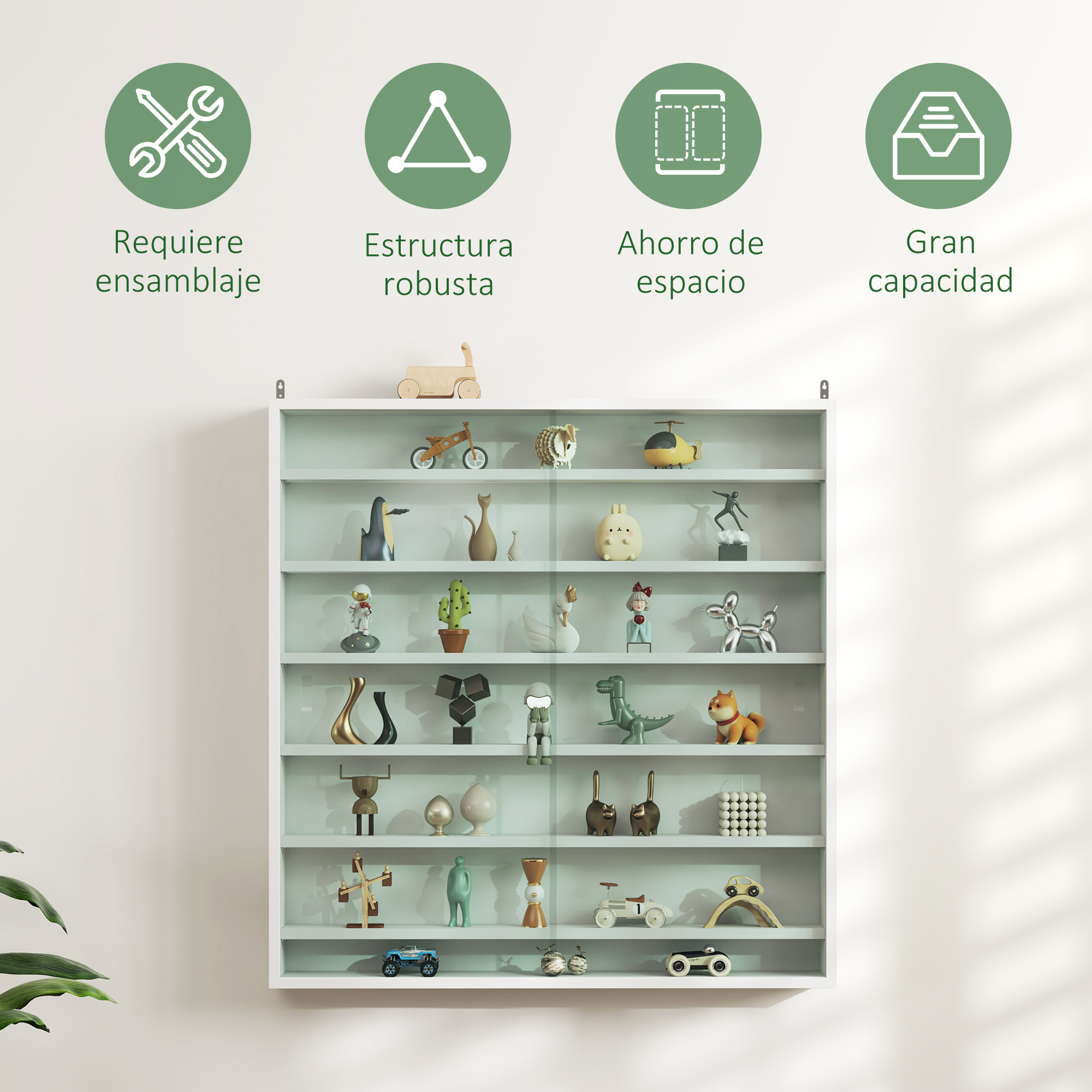 Vitrina Expositora para Colecciones de 7 Niveles, Vitrina de Pared, con Estantes Ajustables y 2 Puertas Correderas de Vidrio, para Perfumes, Figuras de Decoración, 80x9,5x83 cm, Blanco