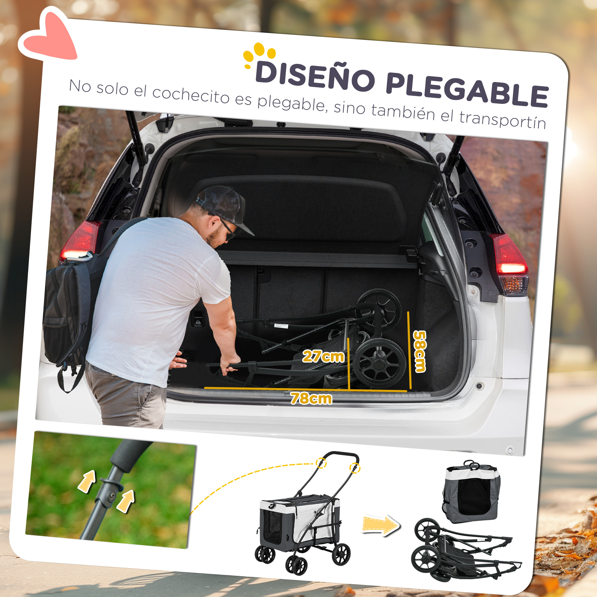 Carrito para Perros 2 en 1 Cochecito para Perros Pequeños Plegable Cochecito para Mascotas con Vagón Desmontable 4 Puertas con Cremallera 2 Correas de Seguridad y Cojín Gris