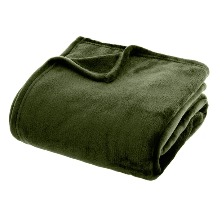 Plaid flanelle vert kaki 180x230cm