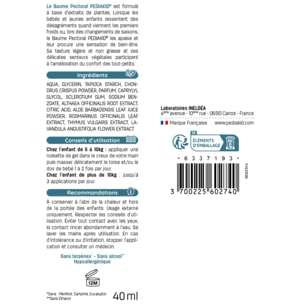 PEDIAKID - Baume Pectoral - Baume de massage confort bébés et jeunes enfants - Aux extraits de Thym, Lavande, Romarin et Mauve Blanche - Sans huiles essentielles - Convient aux bébés dès 5kg