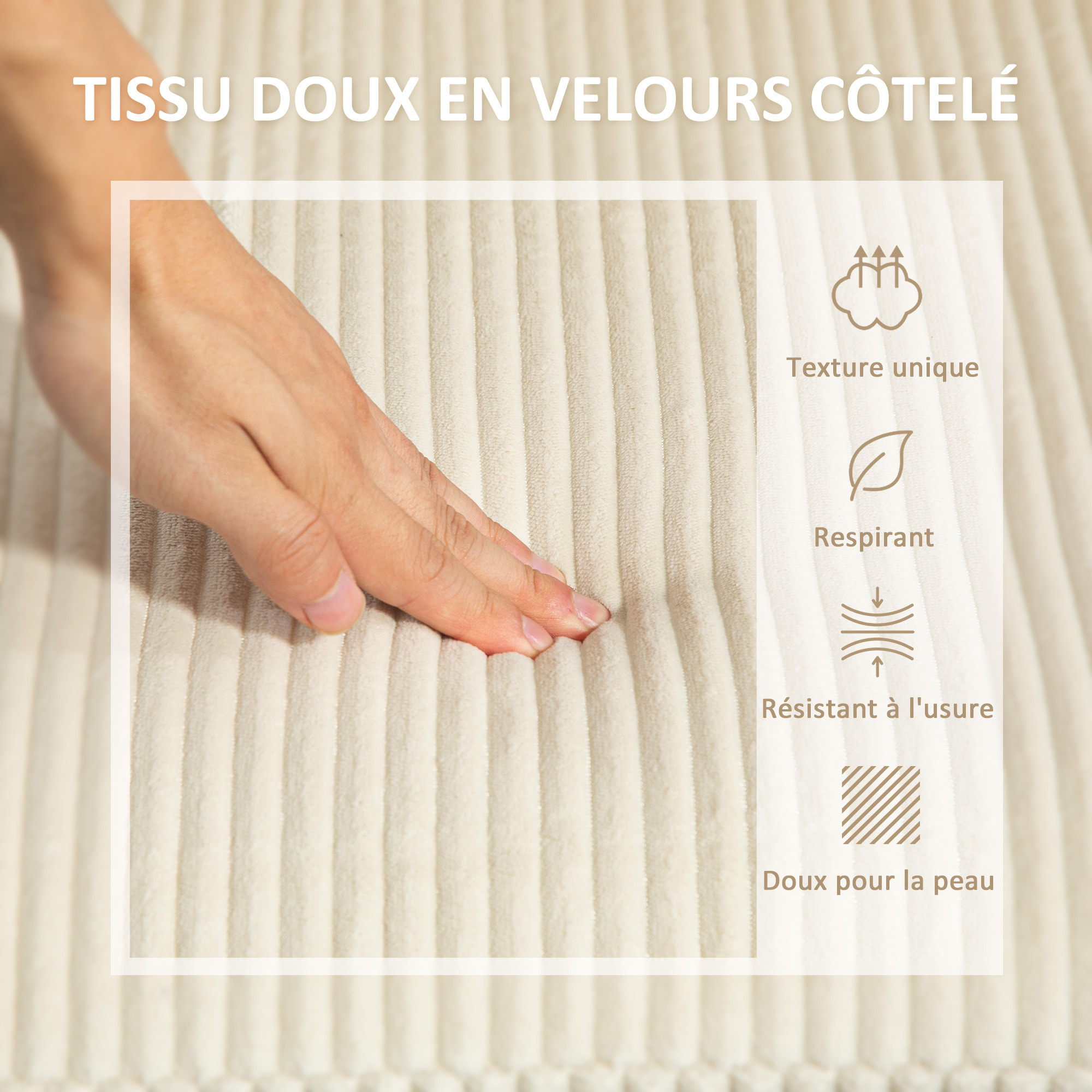 Canapé d'angle 3 places en velours côtelé dim. 214 x 134 cm beige