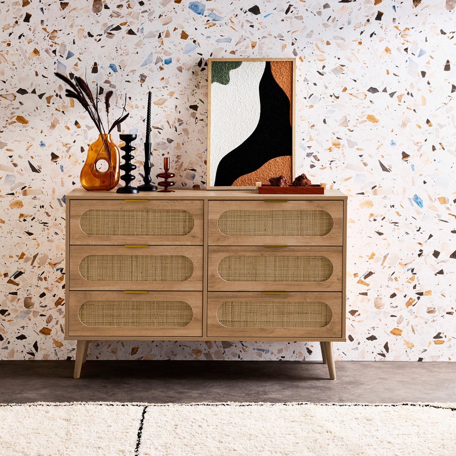 Commode. Eva. 6 tiroirs. décor bois. cannage arrondi L 120 x l 39 x H 79cm