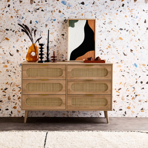 Commode. Eva. 6 tiroirs. décor bois. cannage arrondi L 120 x l 39 x H 79cm