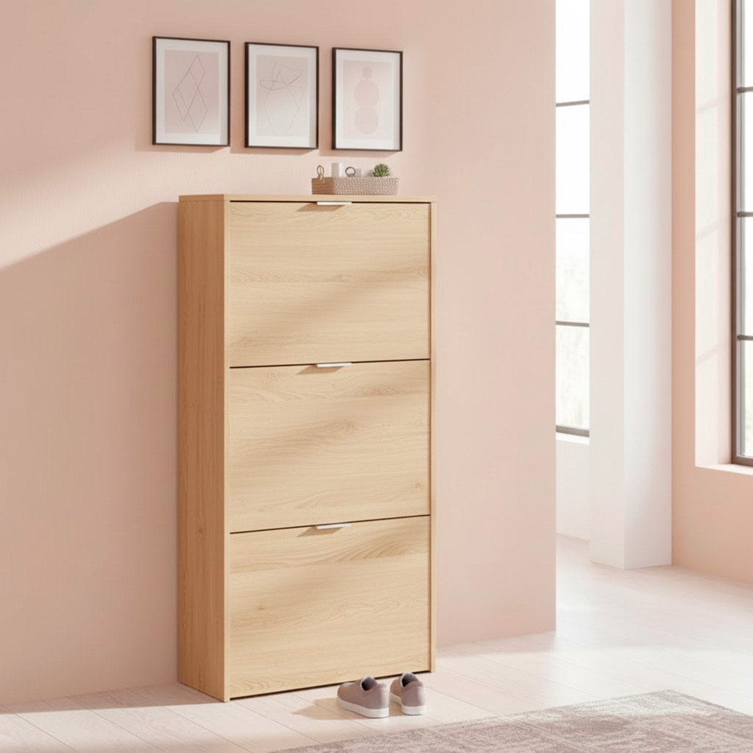 Scarpiera A Ribalta Salvaspazio 3 Ante E 6 Ripiani Mobile Portascarpe Fino A 20 Paia Di Scarpe Ingresso Corridoio Retro Porta 113 x 60 x 22 Cm Rovere