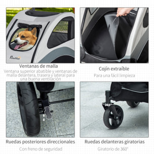 Cochecito para Perros Plegable Carrito para Mascotas con 5 Ventanas 2 Puertas Bolsillo de Almacenaje Correas de Seguridad y Frenos Tela Oxford 300D Acero 107x67x102 cm Gris