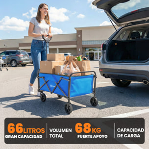 Carro Playa con Ruedas, Carro de Jardín Plegable con Mango Ajustable, Marco de Metal, Carga 68 kg, Carrito Transporte para Todo Terreno, Jardín, Campaña, Compra, Azul