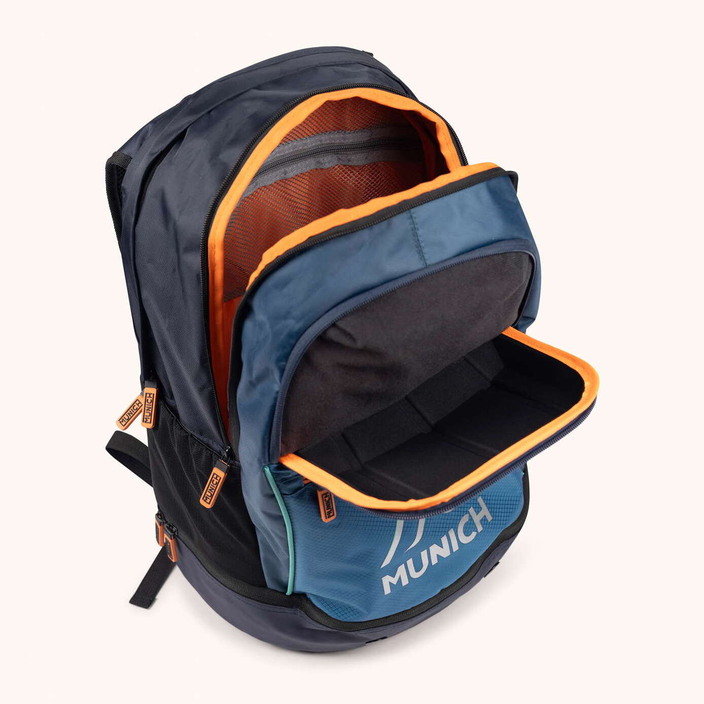 MUNICH BASICS BACKPACK mochila azul de poliéster y nylon con detalles a contraste