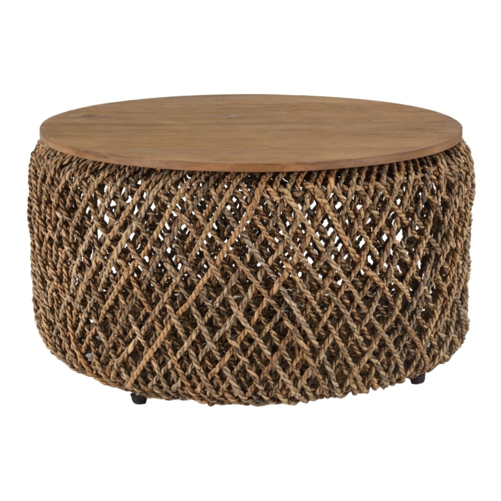 SIXTINE - Table basse ronde diam70 rotin, plateau bois teck recyclé