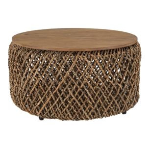 SIXTINE - Table basse ronde diam70 rotin, plateau bois teck recyclé