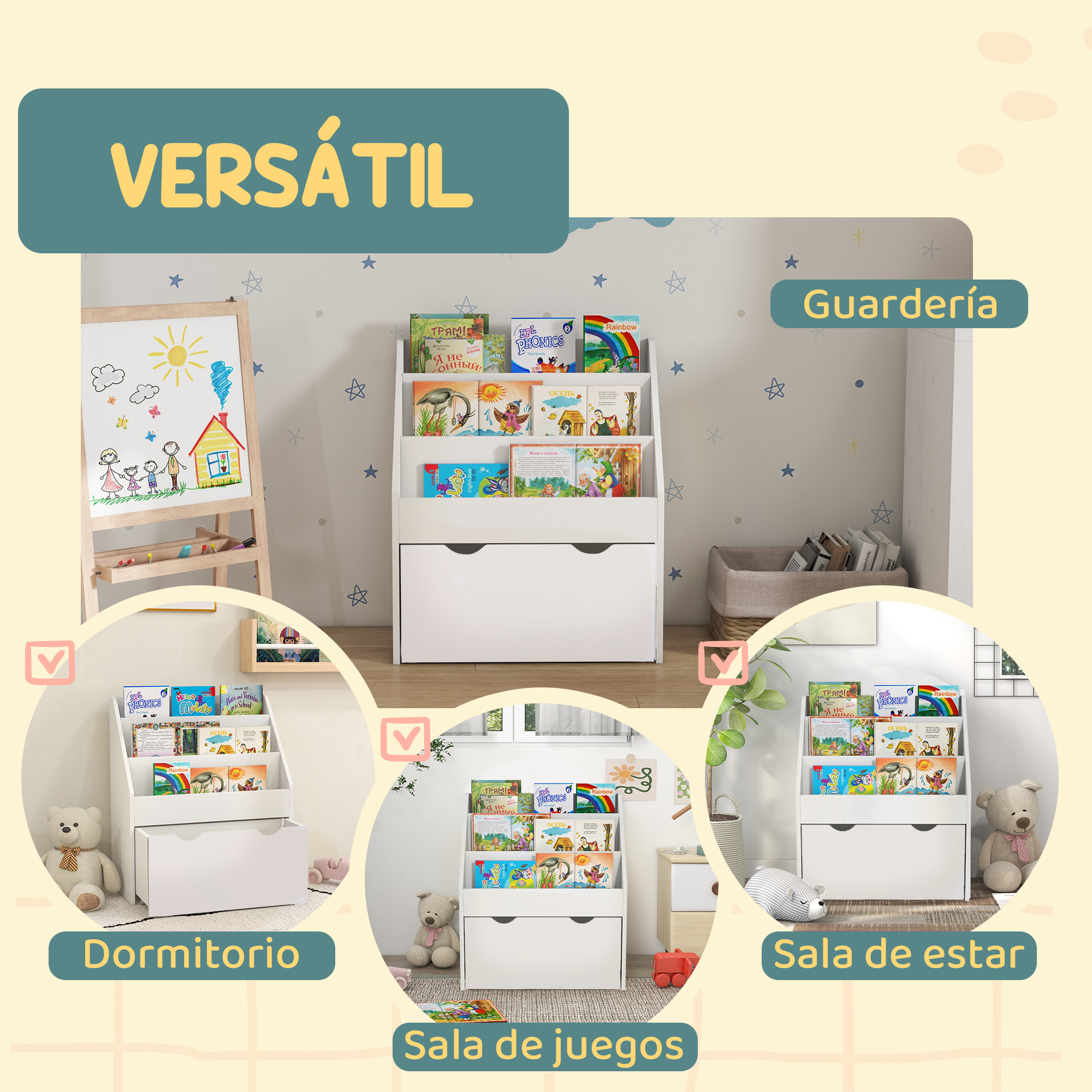 Estantería de Juguetes con 3 Compartimentos, Librería Infantil, Caja de Juguetes Móvil, Cajón con Ruedas, Multifuncioanl, para Dormitorio, Guardería, Sala de Juegos, Blanco