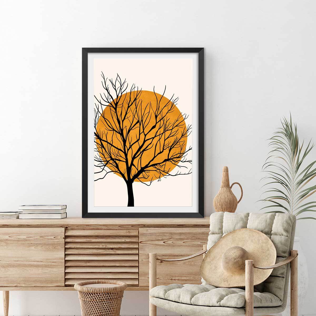 Affiche dessin ""soleil caché"" Affiche + cadre en bois - Noir