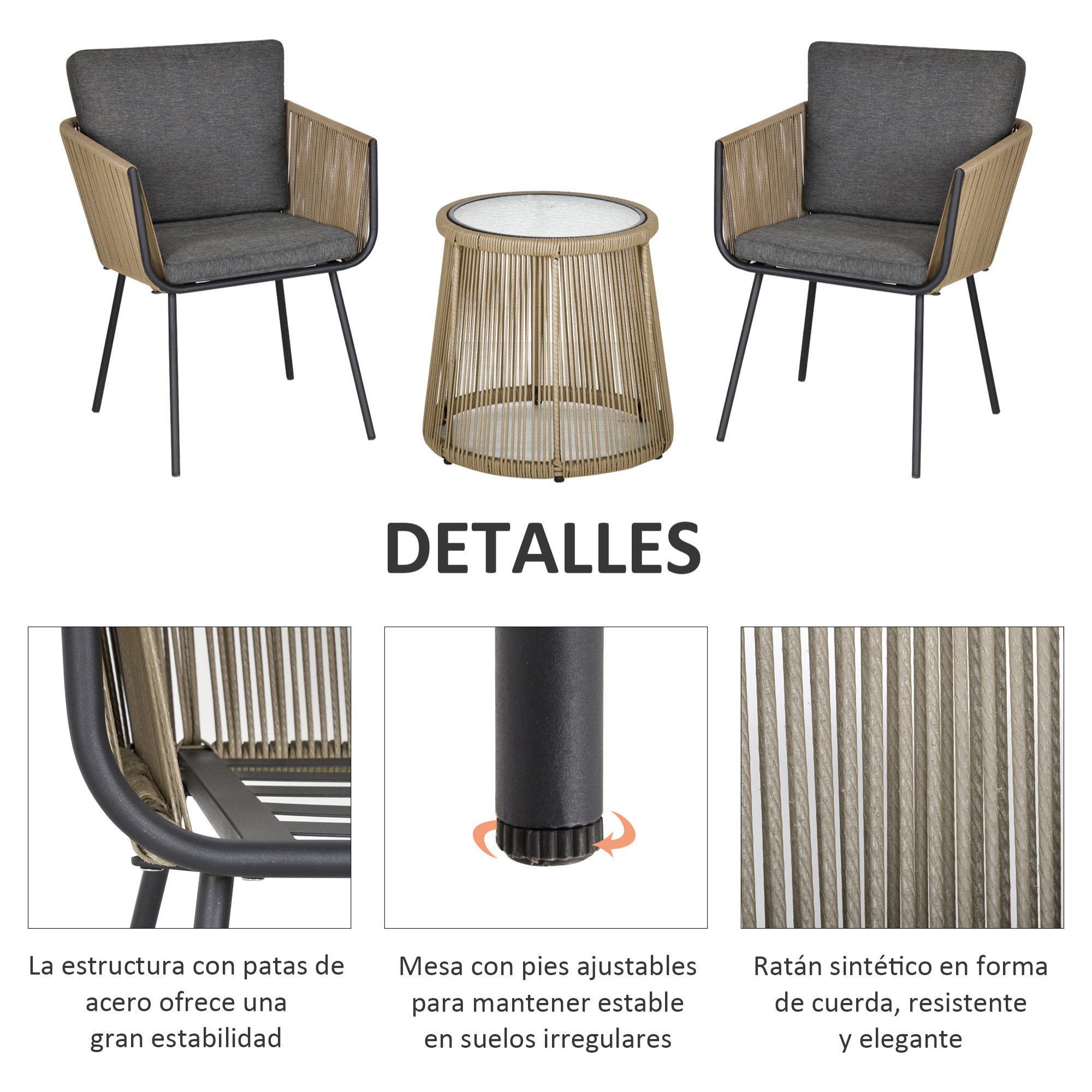 Conjunto de Jardín Exterior de 3 Piezas Juego de 2 Sillas y Mesa de Ratán con Cojines Acolchados y Encimera de Vidrio para Balcón Terraza Café y Gris