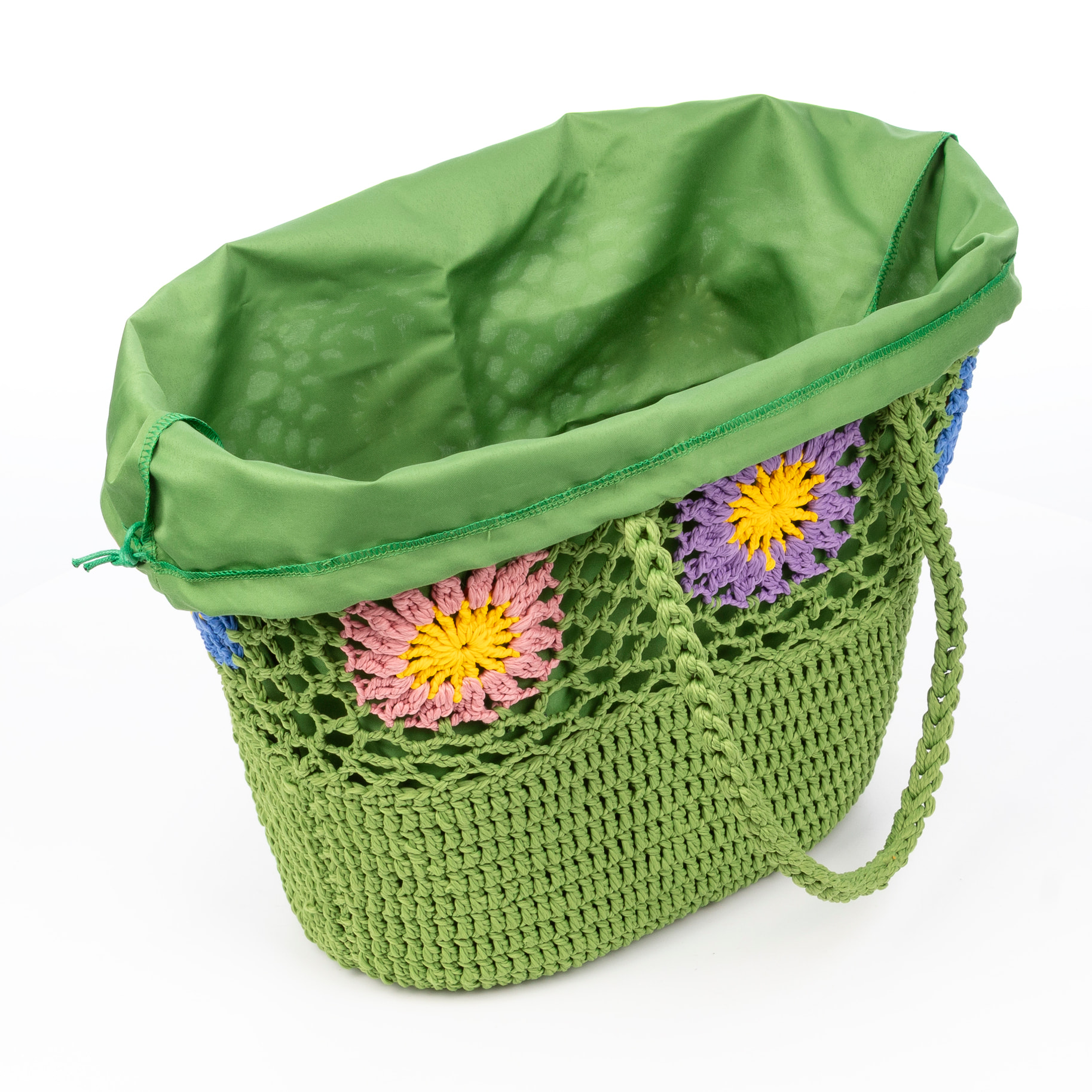 Villaga borsa a spalla donna. Realizzata in cotone, con fiori decorativi.