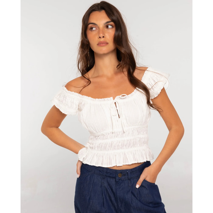 Blusa de mujer con nido de abeja y escote Bardot