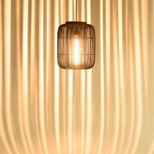 ALIDA - Suspension 'allongée' 35x35cm en rotin couleur noire et teck