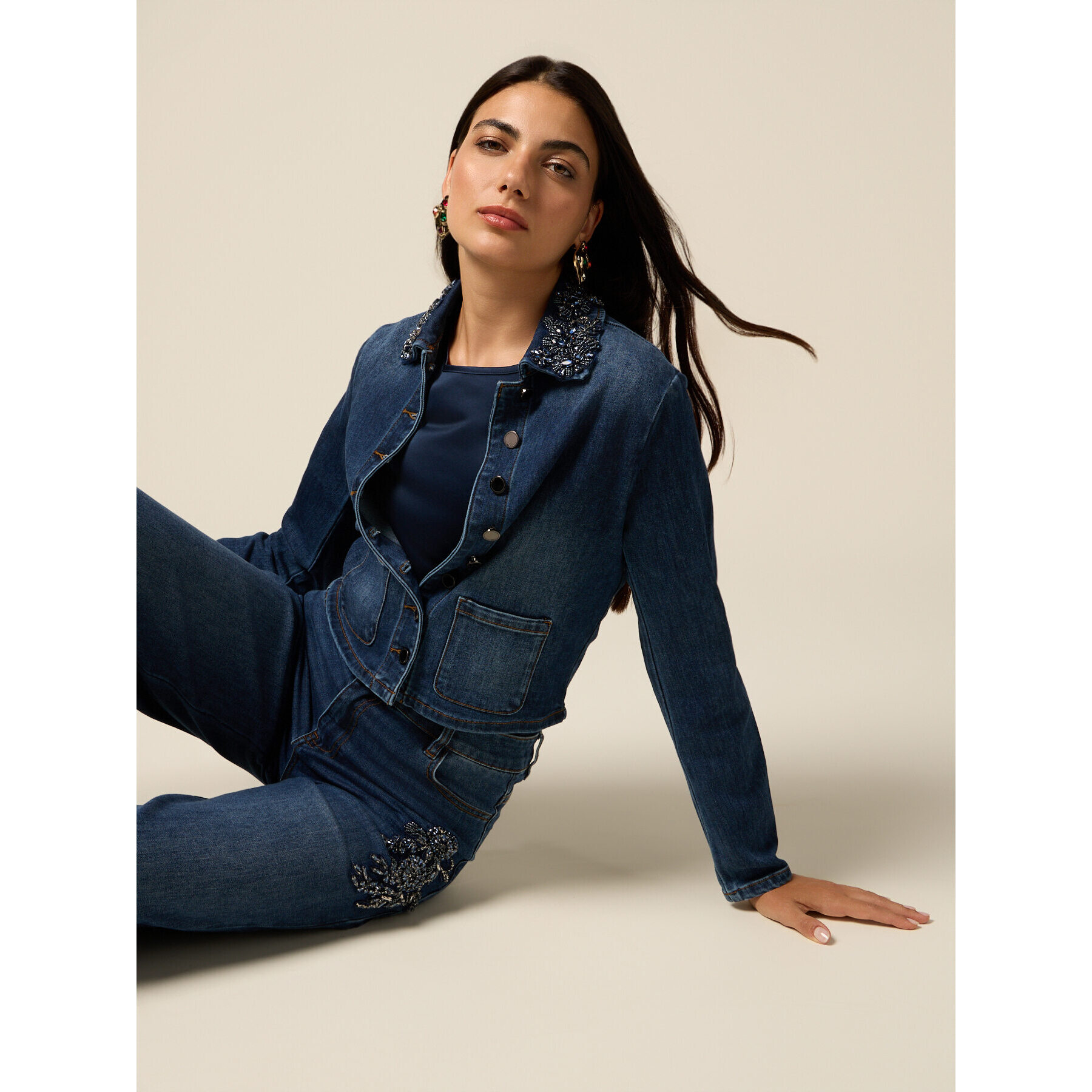 Oltre - Giacca in denim con patch gioiello - Blu