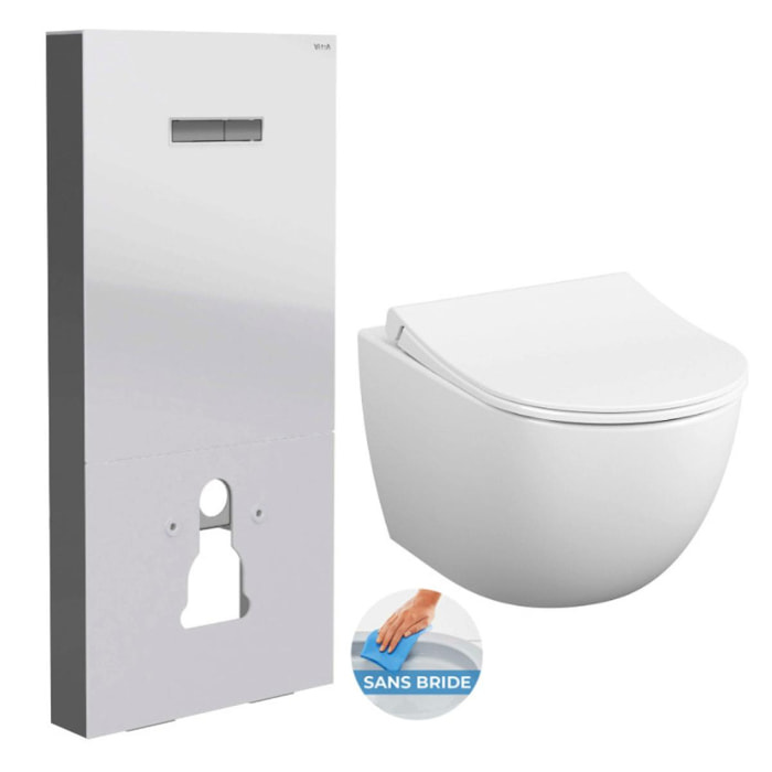 Pack WC Bâti support en verre trempé/aluminium brossé avec plaque intégrée, Blanc + WC sans bride Sento + Abattant softclose