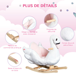 Cheval à bascule modèle cygne fonction musicale assise enveloppante cale-pieds bois peluche douce blanc rose