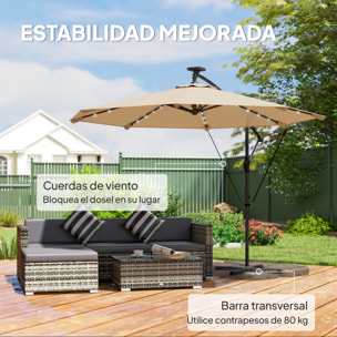 Parasol Excéntrico con Luces LED Solares, Ø330 cm, Sombrilla de Jardín con Base Cruzada, Manivela, Funda Protectora y Cuerda de Viento, Anti-UV 50+, para Terraza, Patio, Caqui