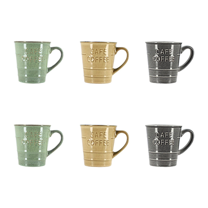 Lot 6 mugs coffee time 21cl en grès 3 couleurs assorties