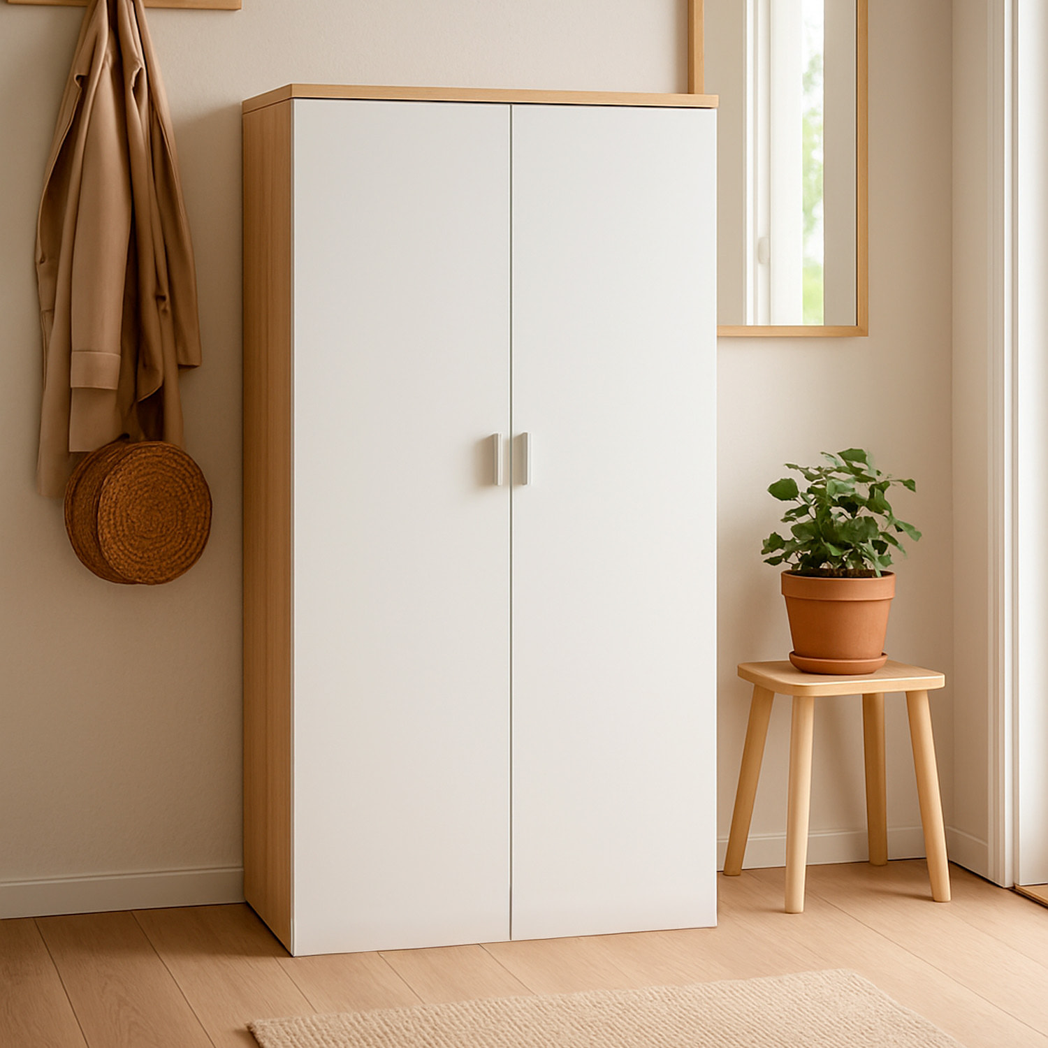 Armadio Armadietto Multiuso Con 2 Ante E Ripiani Regolabili Mobile Salvaspazio in Melaminico Mobile Casa 80 x 119 x 33 Cm Bianco Opaco E Rovere