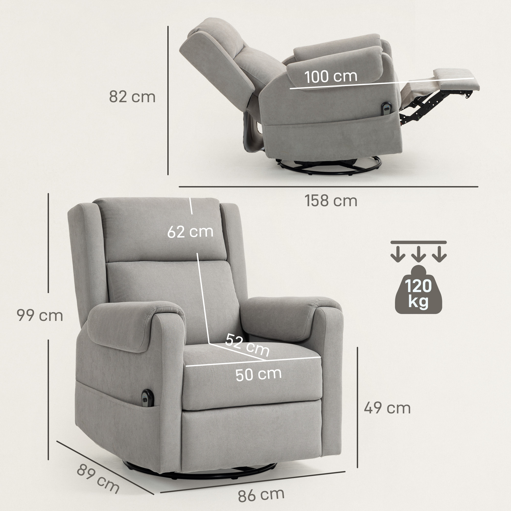 Sillón Relax Reclinable Eléctrico, Sillón Reclinable Giratorio y Balancín con Reposapiés Ajustable, Mando a Distancia, Acolchado Grueso, Tela de Rizo, para Dormitorio, Salón, Gris Claro