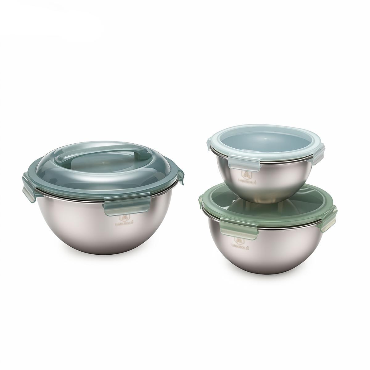 Set de 3 bols inox avec couvercles hermétiques - "Pique-nique"