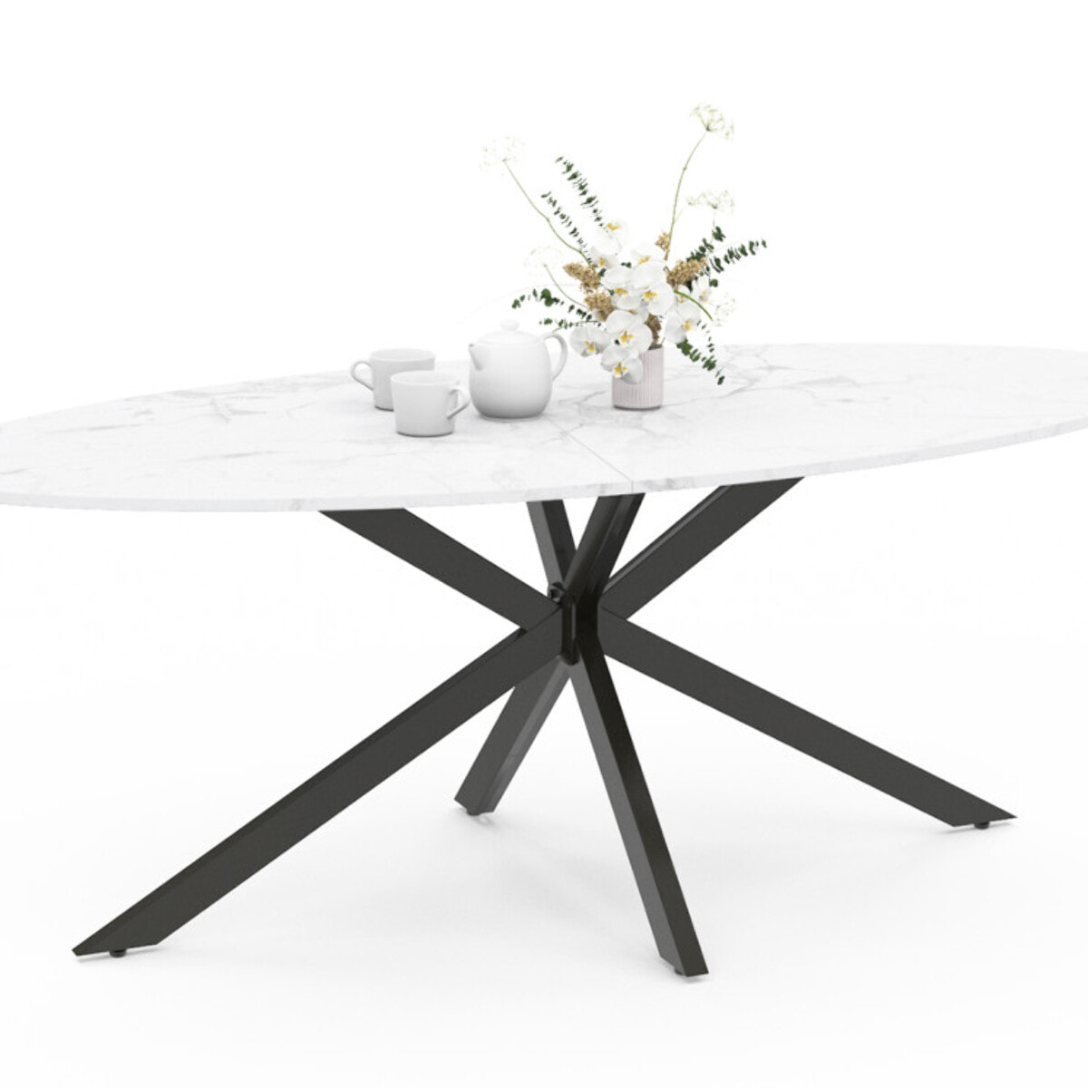 Table à manger ovale Céleste effet marbre blanc et noir 200cm