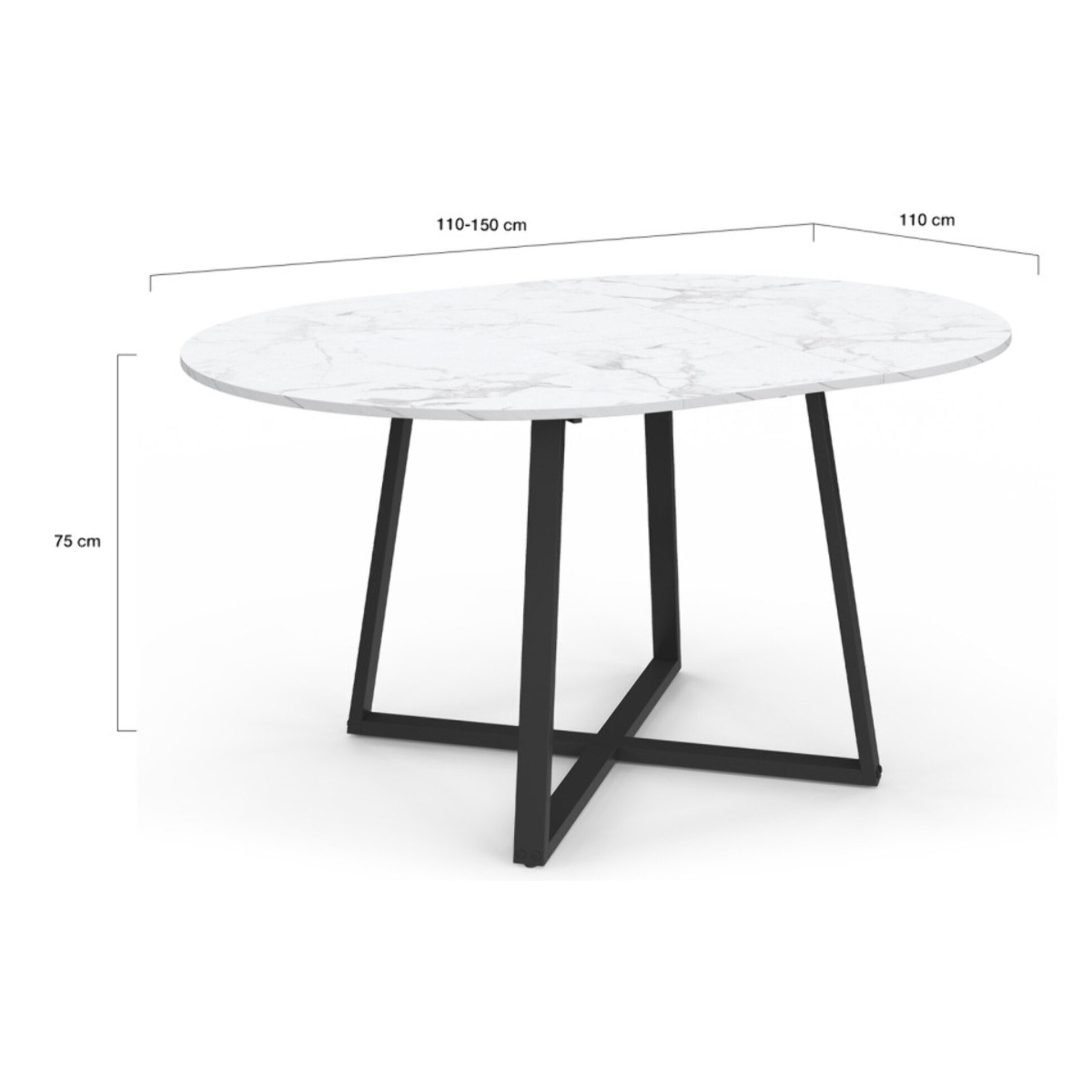 Table repas Sana plateau extensible 110-150cm rond effet marbre et pieds noirs