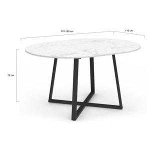 Table repas Sana plateau extensible 110-150cm rond effet marbre et pieds noirs