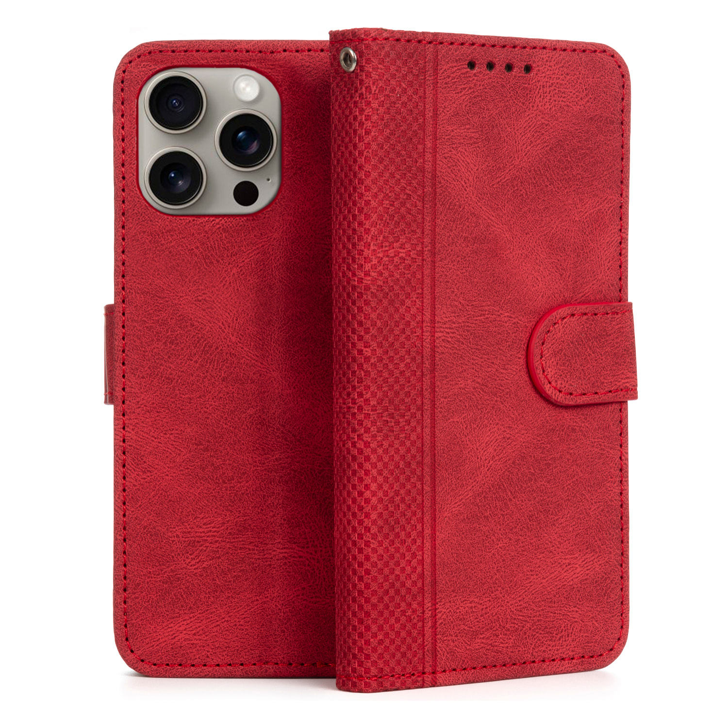 Custodia in similpelle antiurto stile libro per iPhone 15 Pro Max. Portacarte interno, cinturino da polso removibile.