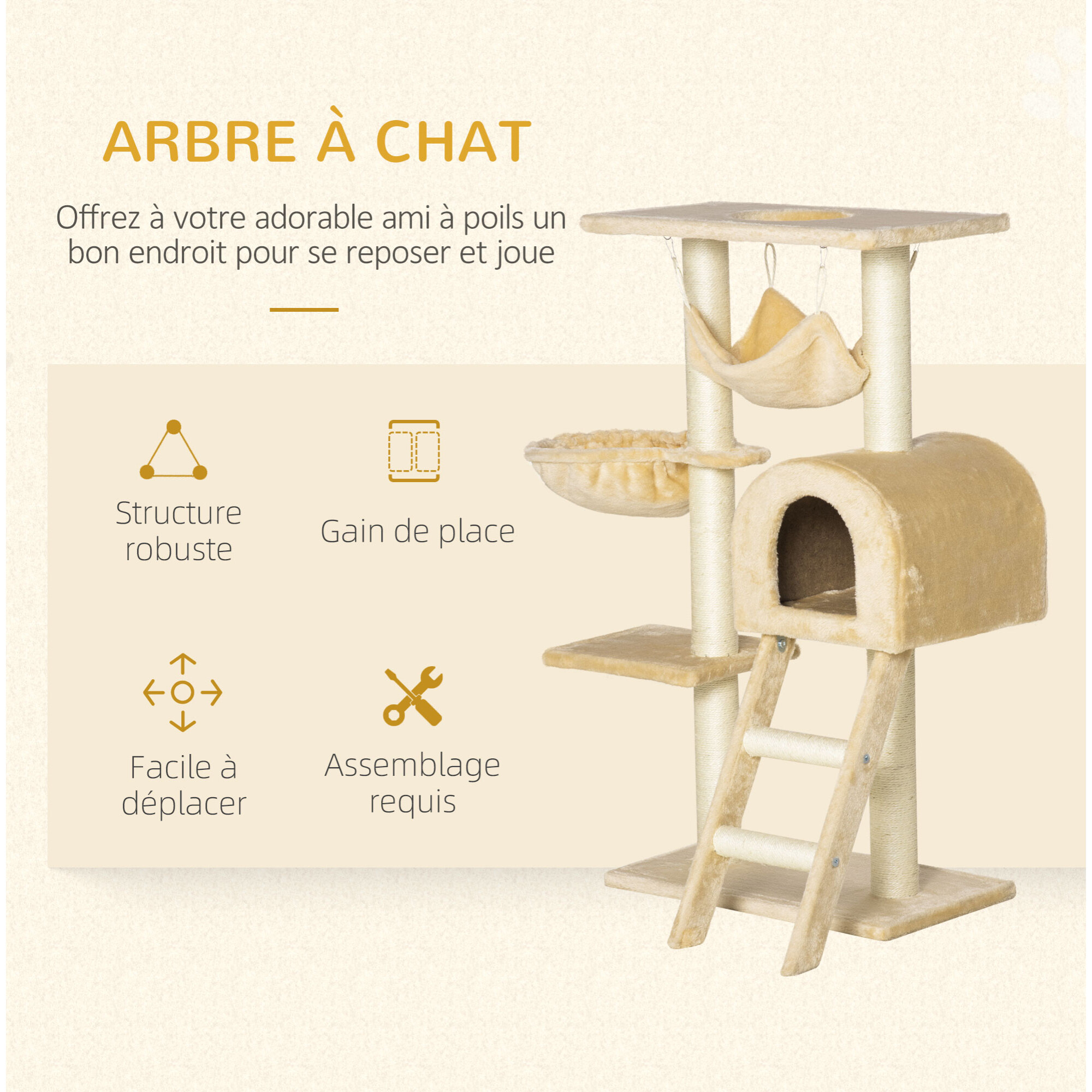 Arbre à chat griffoir arbre à grimper tour de jeu stable à plusieurs niveaux centre d'activités hauteur 98 cm beige