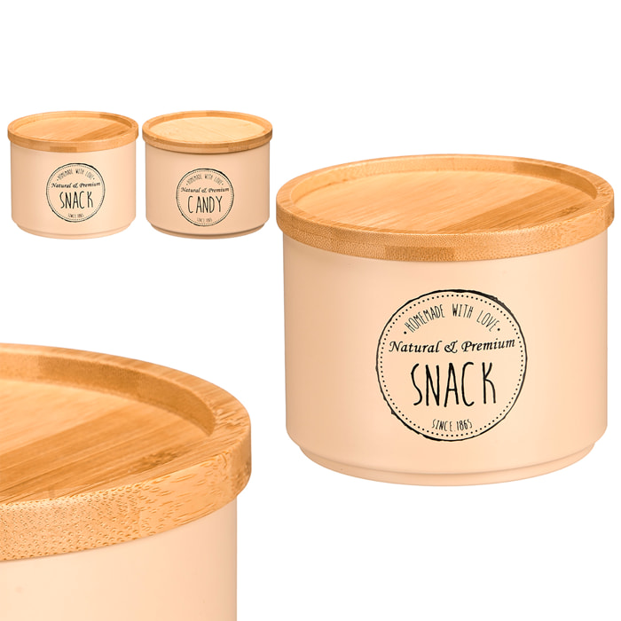 Pack 2 tarros beige apilables con tapa de bambú. Diseños surtidos "Snack" y "Candy".