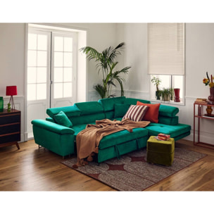 Dimas - canapé d'angle droit 5 places - convertible avec coffre et têtières réglables - en velours - Vert