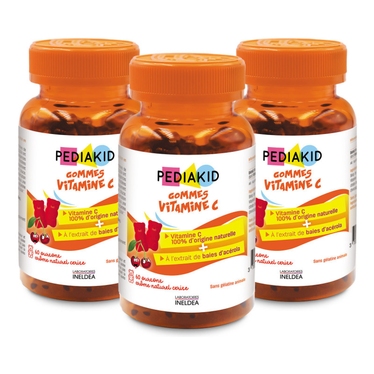 PEDIAKID - Gommes Vitamine C - Formule Naturelle au Délicieux Arôme de Cerise - Contribue à Réduire la Fatigue - Soutient le Métabolisme Énergétique et les Défenses de l'Organisme - Lot de 3 piluliers