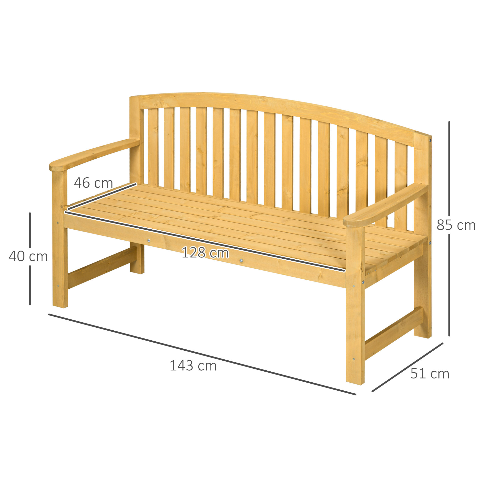 Banco de Jardín de 2 Plazas Banco Exterior de Listones de Madera con Respaldo y Reposabrazos para Terraza Balcón Patio Carga 240 kg 143x51x85 cm Natural
