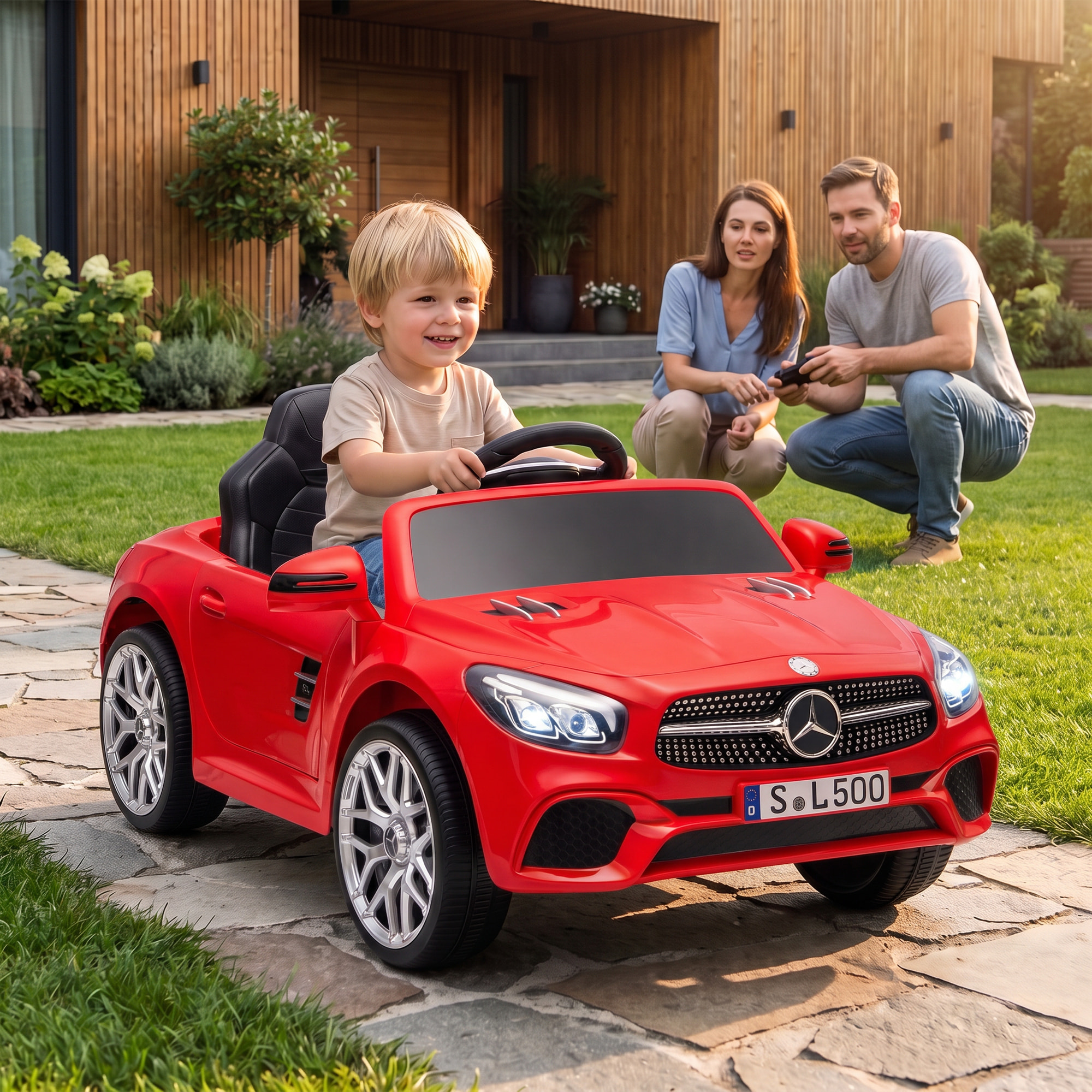 AIYAPLAY Coche Eléctrico para Niños Mercedes-Benz SL500 Coche de Batería Litio 12V con Mando a Distancia 2,4 G 2 Motores Suspensión Arranque Suave Luces Música Claxon Bluetooth 3-5 Años 3-5 km/h Rojo