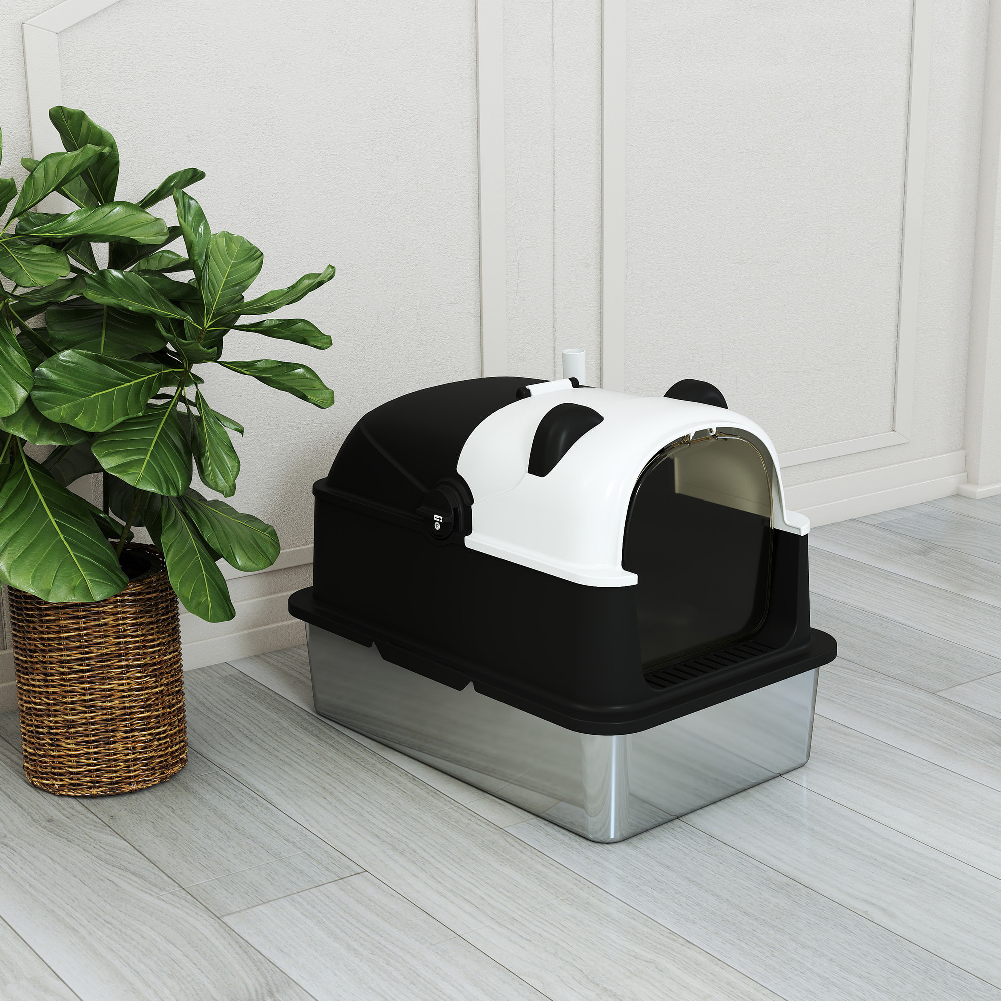 Arenero para Gatos Cubierto XL de Acero Inoxidable, Caja de Arena para Gatos Grandes con Tapa Abatible, Pala, Bolsa Desodorante, Diseño de Panda, Fácil de Limpiar, Antifugas, Sin Olor, Negro