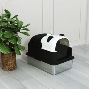 Arenero para Gatos Cubierto XL de Acero Inoxidable, Caja de Arena para Gatos Grandes con Tapa Abatible, Pala, Bolsa Desodorante, Diseño de Panda, Fácil de Limpiar, Antifugas, Sin Olor, Negro