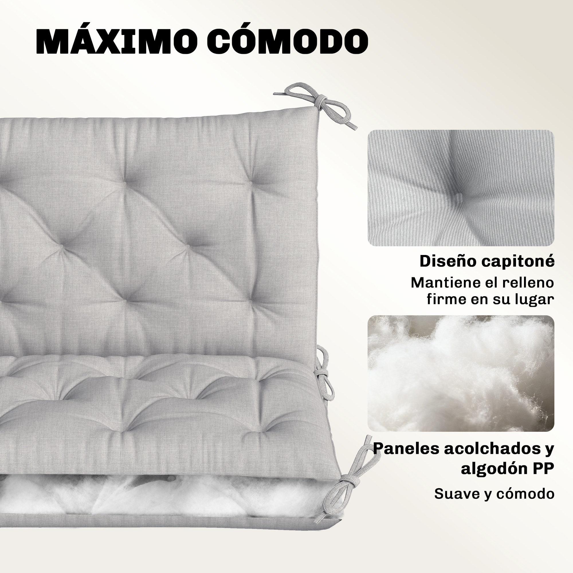 Cojín para Banco de Jardín con Respaldo, 150x98x8 cm, Colchón de Banco de 3 Plazas para Interior y Exterior con Relleno Grueso y Cintas de Sujeción, para Columpio, Terraza, Balcón, Gris Claro