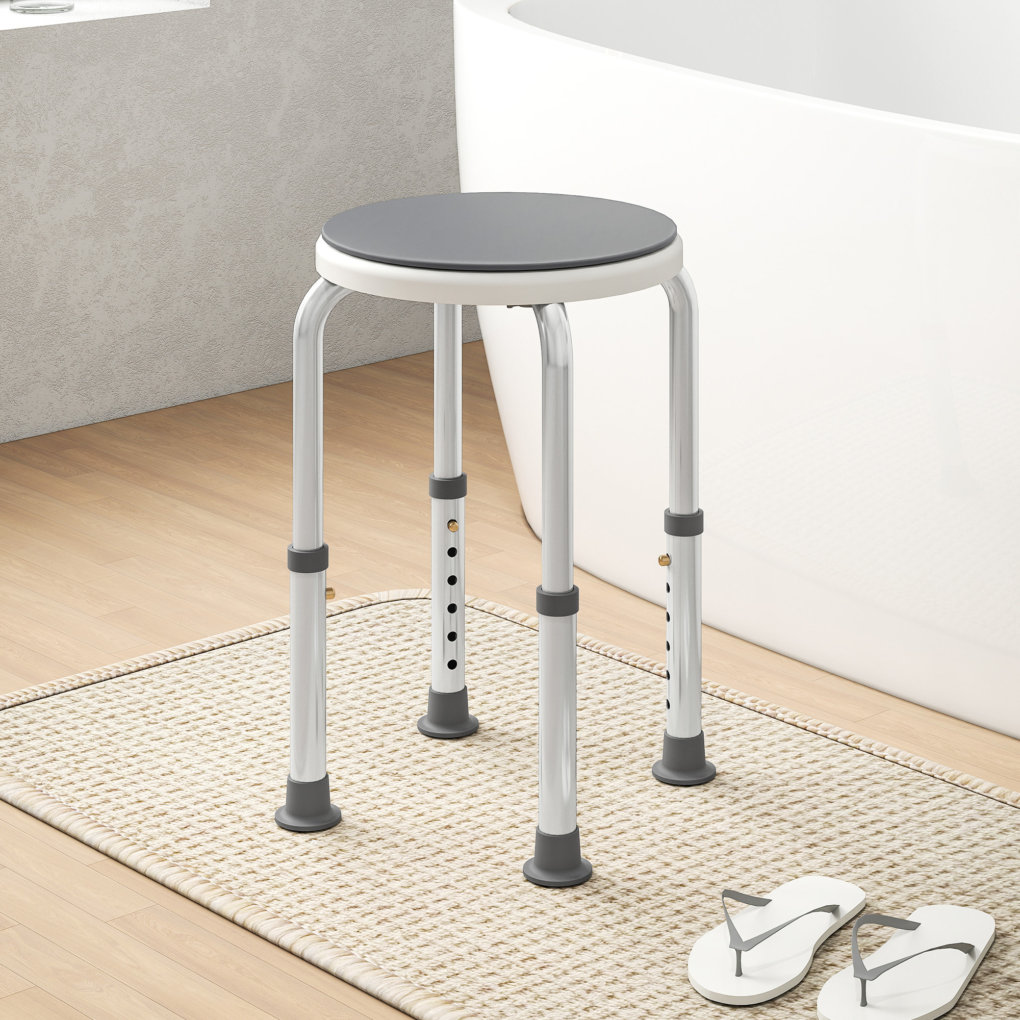 Tabouret de douche siège de douche - hauteur réglable, pivotant 360° - alu PP blanc gris