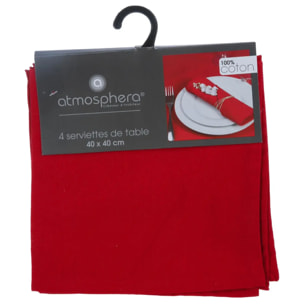 Lot de 4 serviettes de table coton - rouge - 40x40 cm