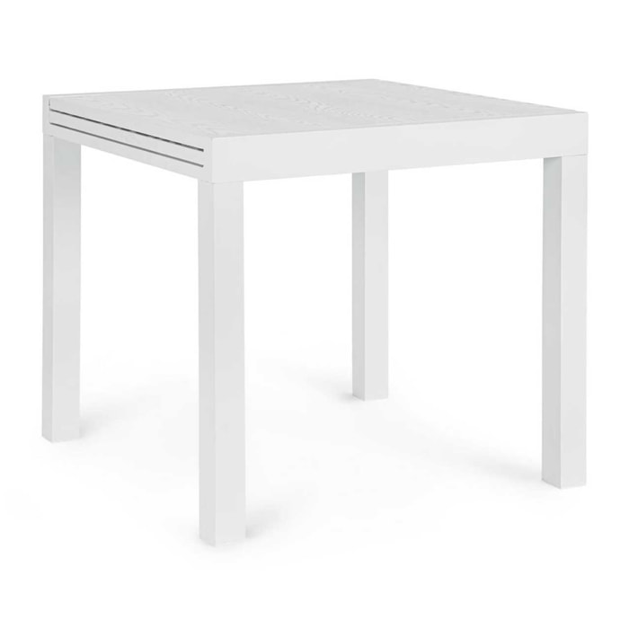 Tavolo allungabile da giardino CLIV con piano effetto legno e struttura in alluminio bianco, 80×80 – 160×80 cm