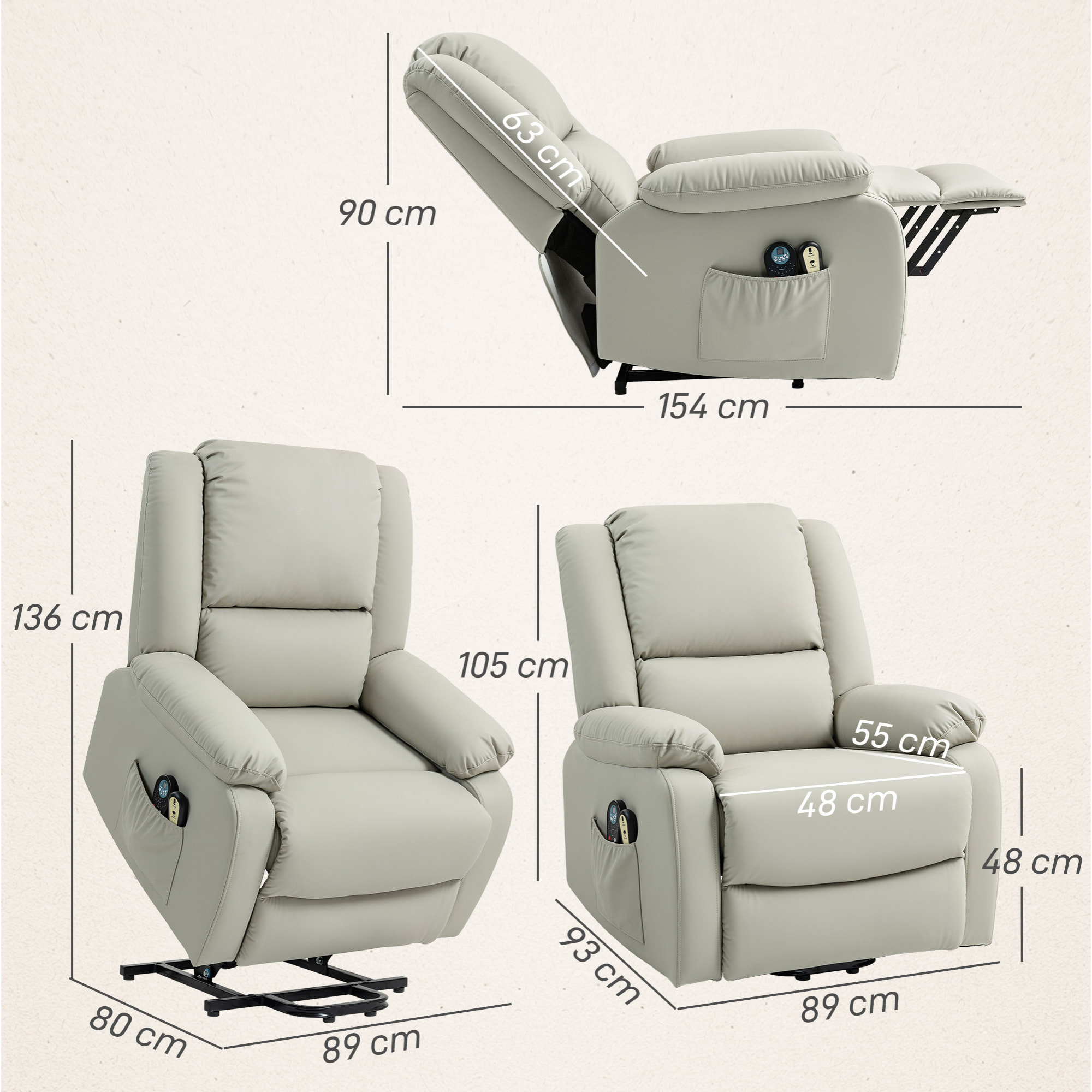 Sillón Relax Reclinable Eléctrico Levanta Personas Sillón Elevador con 8 Punto de Masaje Calor Lumbar 2 Controles Remotos Reposapiés Tela Resistente a los Arañazos y Bolsillo Lateral Gris Claro