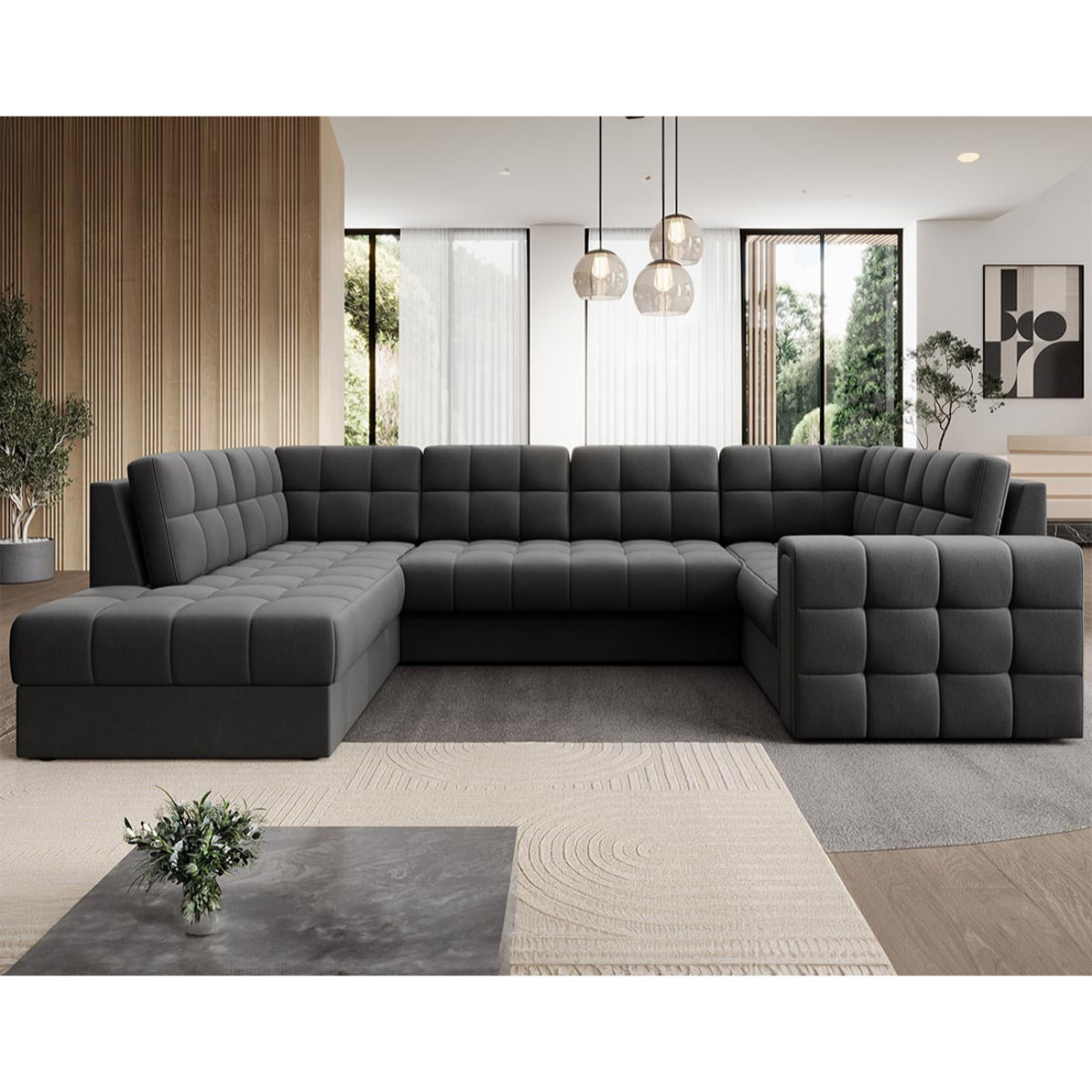 Nappa - Canapé panoramique d'angle droit 7 places convertible avec coffre en velours - Gris