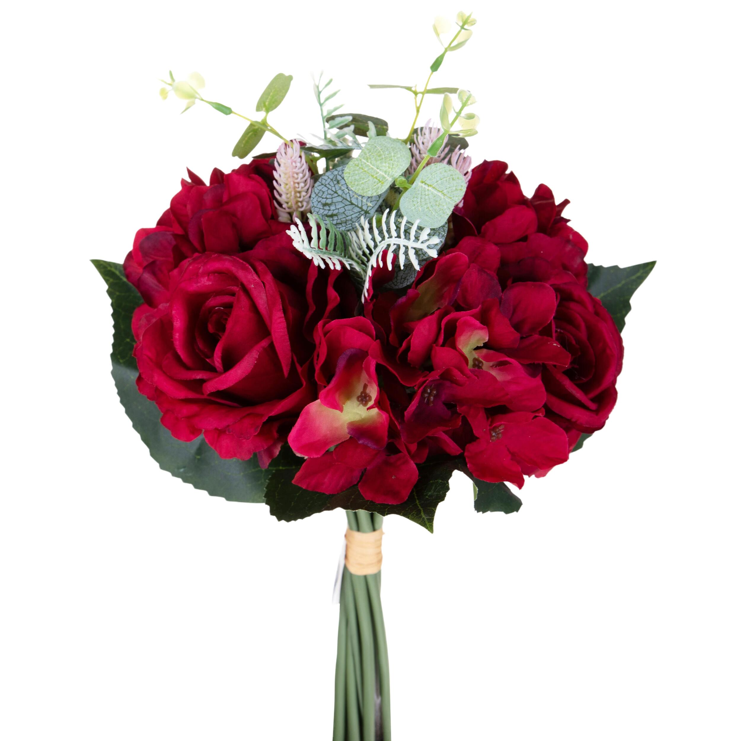 Bouquet Rose E Ortensie - Pezzi 4 - Colore: Rosso - 18xH32x18cm - Bianchi Dino -