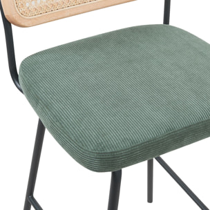 Lot de 2 chaises de bar en cannage et velours côtelé, piètement noir - MUSE